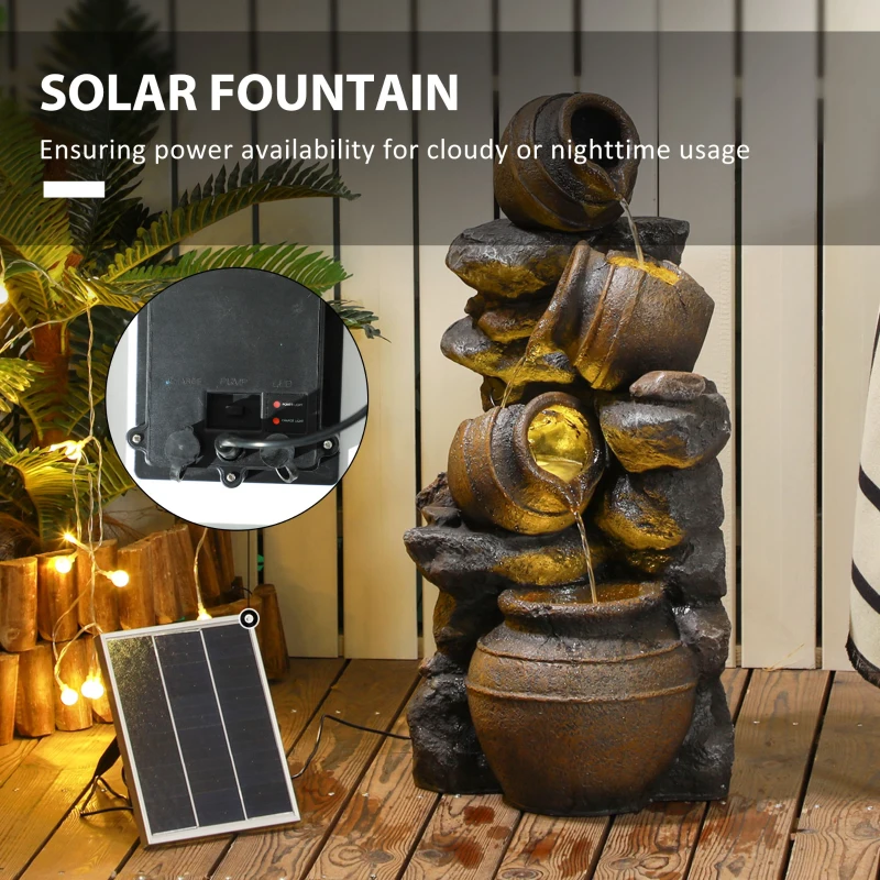 Outsunny 28.3" Solar Water Fountain, 4-Tier Resin Cascading Jars and Stacked Stones Outdoor Waterfall Fountain with LED Lights