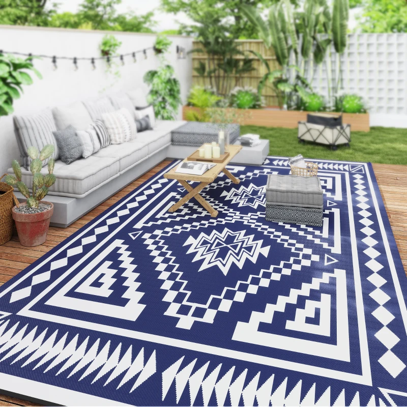 Outsunny Reversible Outdoor Rug, Waterproof Plastic Straw with Carry Bag, 9' x 18', Blue & White Square Patchwork