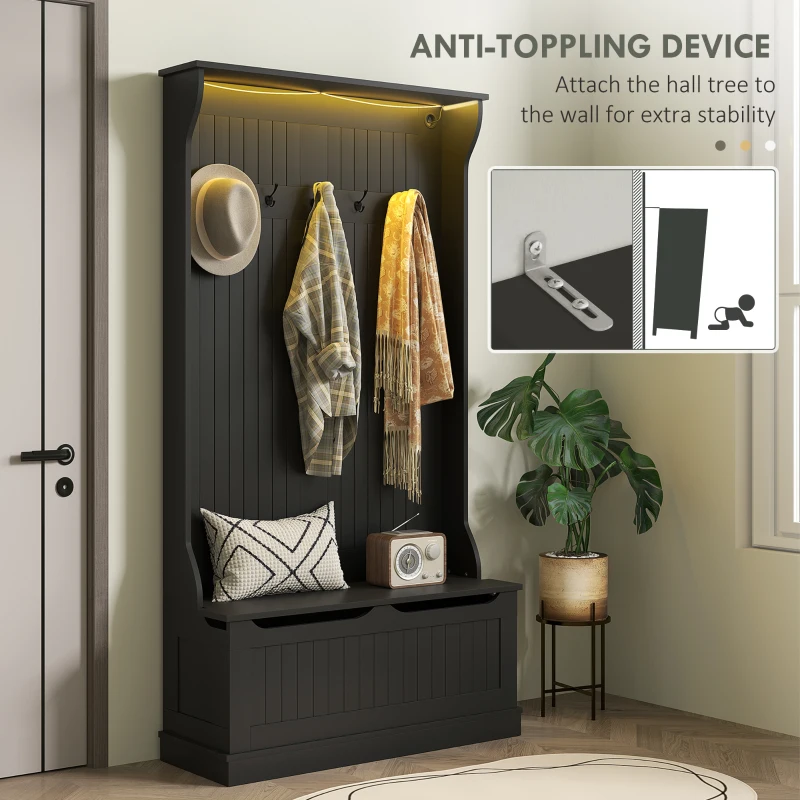 HOMCOM 3-In-1 Entryway Bench with LED Lights and Coat Rack, Hall Tree with Bench and Shoe Storage, 5 Hooks for Hallway Black