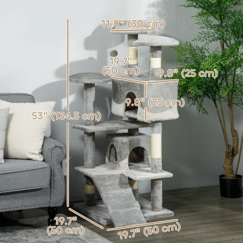 PawHut 53" Cat Tree Scratching Large Kitten Play House Multi-Level Activity Center Pet Furniture, Grey