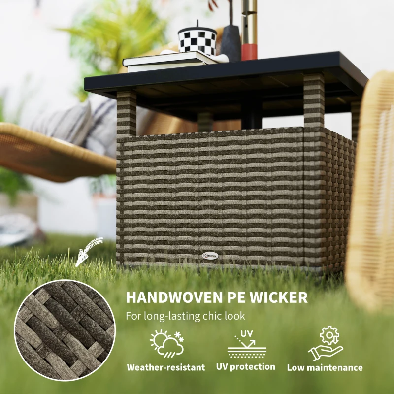 Outsunny 22" Square Steel PE Rattan Wicker Table With Umbrella Hole, Outdoor Patio Accent Dining Side Table Used as Umbrella Stand, Mixed-Grey