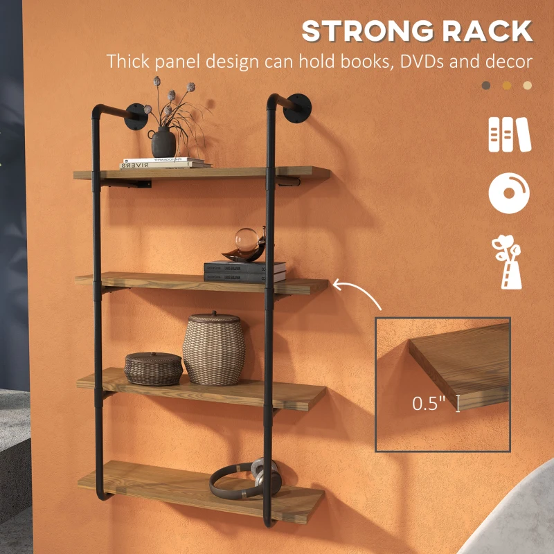 HOMCOM 4-Tier Industrial Pipe Shelves Floating Wall Mounted Bookshelf, Metal Frame Display Rack, 1" Thickness Shelving Unit for Farmhouse, Kitchen, Bar, Rustic Brown