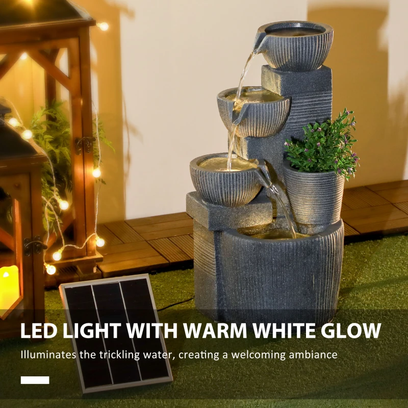 Outsunny Solar Powered Outdoor Water Fountain, 4-Tier Floor Standing Resin Cascading Bowls Waterfall Fountain with LED Lights