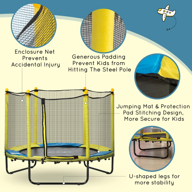 Qaba 4.6FT Trampoline for Kids with Enclosure Net for Ages 3-10, Indoor Outdoor Use, Yellow