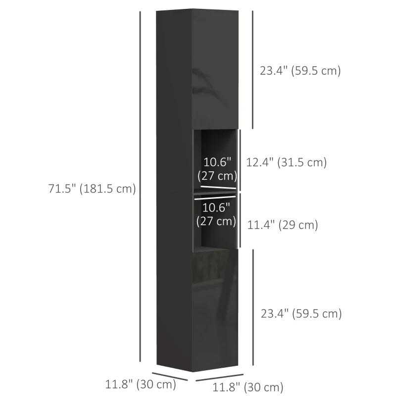 kleankin Tall Bathroom Cabinet, High Gloss Storage Cabinet with Doors and Adjustable Shelves, 11.8" x 11.8" x 71.5", Black