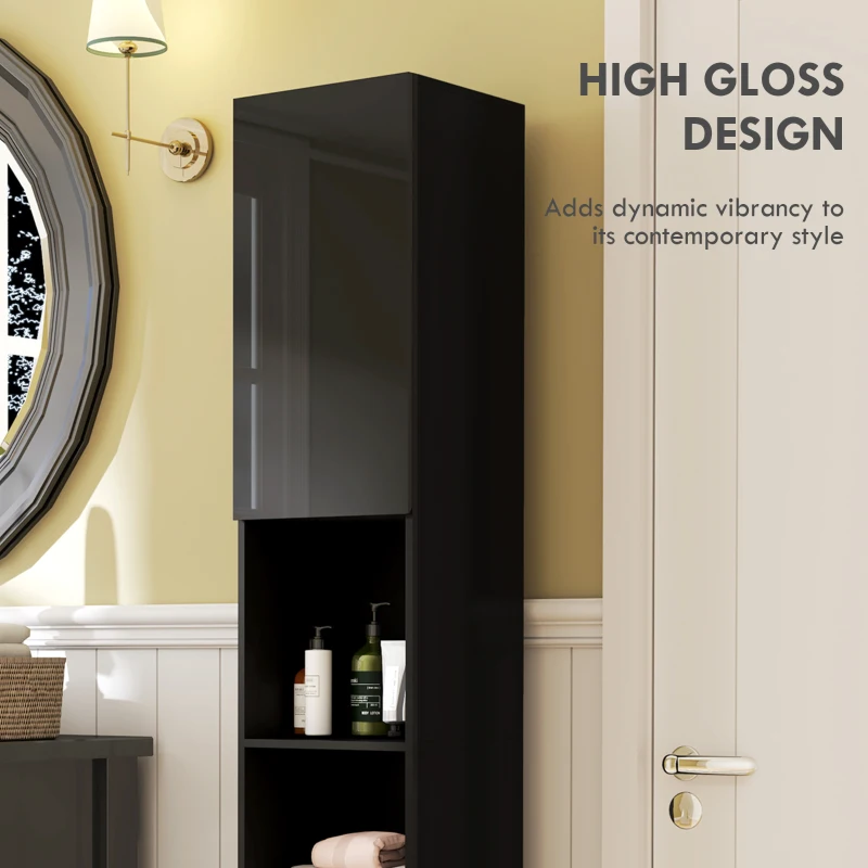 kleankin Tall Bathroom Cabinet, High Gloss Storage Cabinet with Doors and Adjustable Shelves, 11.8" x 11.8" x 71.5", Black
