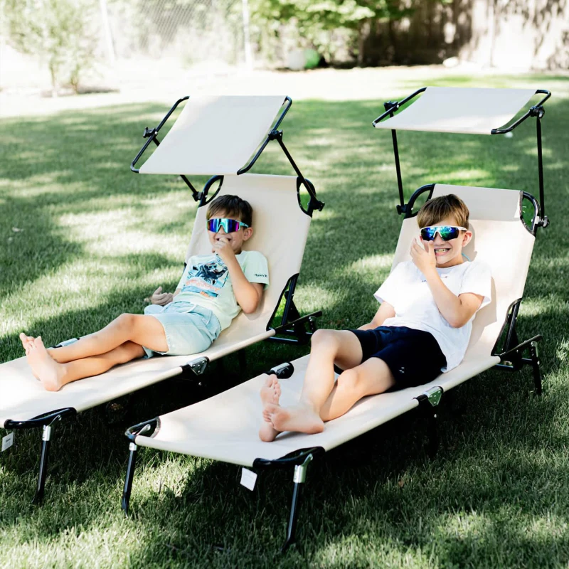 Outsunny 2 Piece Folding Outdoor Chaise Lounges, Pool, Sun, Tanning Chairs with Reclining Back, Sunshade for Beach, Patio, Tan