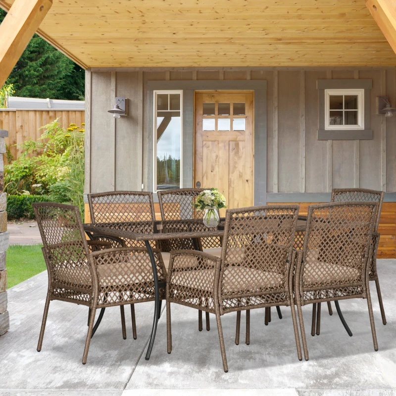Outsunny 7 Pieces Wicker Patio Dining Set Outdoor Furniture Set with Removable Cushions, Glass Top Dining Table, PE Rattan Conversation Set for Garden Poolside Backyard, Beige