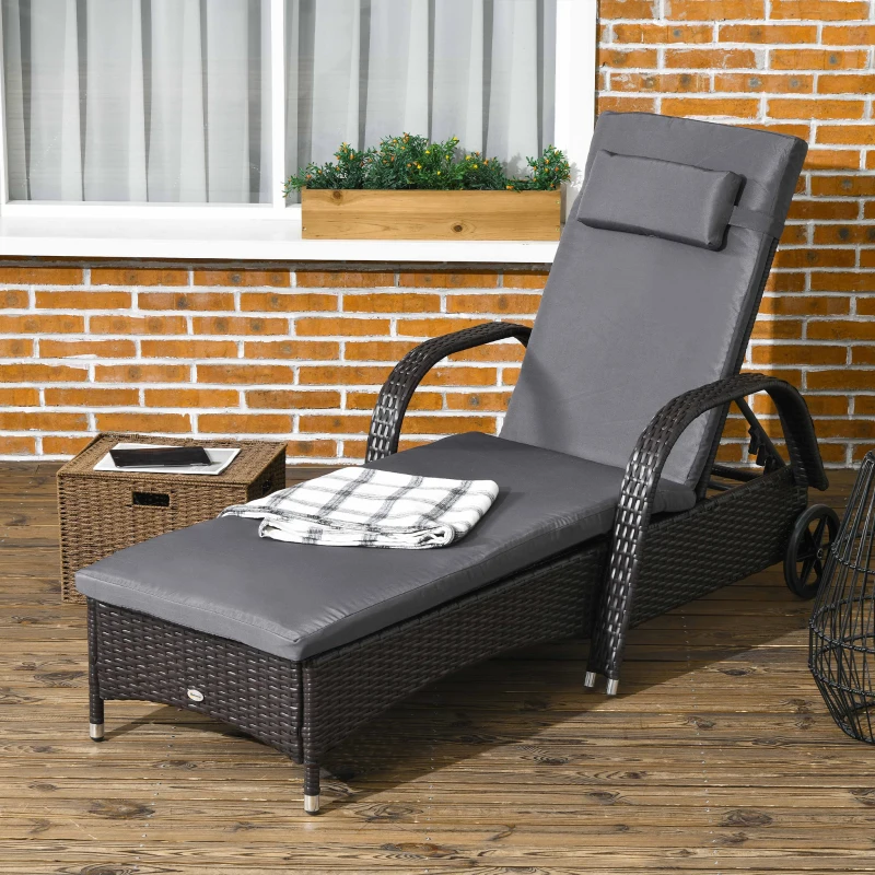 Outsunny Outdoor Lounger, Deck Lounge Chair with Headrest, 5-Level Adjustable, Backrest, Wheels, Deep Coffee and Med Grey
