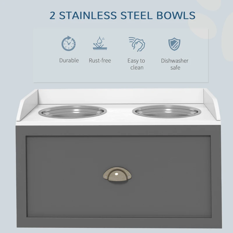 PawHut Large Elevated Dog Bowls with Storage Drawer, Raised Pet Feeding Station with 2 Stainless Steel Bowls, Grey
