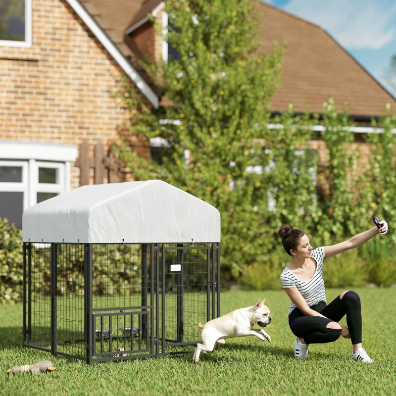 PawHut Welded Wire Outdoor Dog Kennel with 360° Rotating & 4 Levels Adjustable Bowls, Waterproof Cover, 3.9' x 3.9' x 4.5'