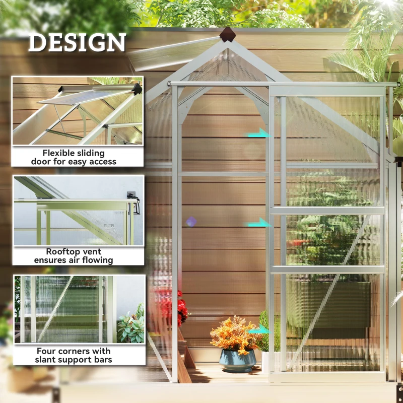 Outsunny 6' x 4' x 6.6' Polycarbonate Greenhouse, Walk-In Green House Kit Garden, Plants Grow, Galvanized Sheet Aluminum Frame with Rain Gutter, Vent and Sliding Door, Silver