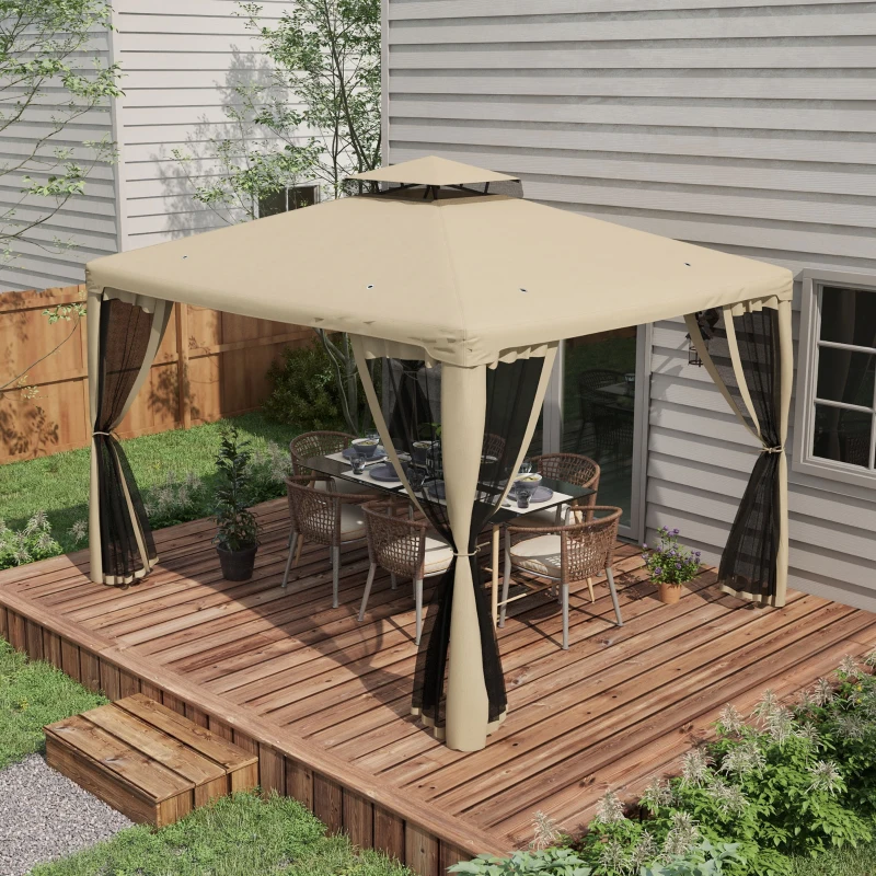 Outsunny 9.6' x 11.6' Patio Gazebo Outdoor Canopy Shelter with 2-Tier Roof and Netting, Steel Frame for Garden, Taupe