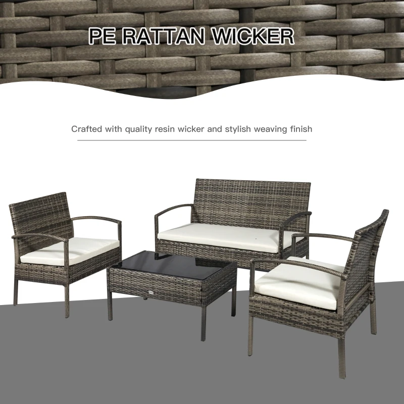 Outsunny 4 Pieces Patio Furniture Sets with A Loveseat, Two Armchairs and A Coffee Table, Outdoor Conversation Set with Glass Top Table, Grey PE Rattan and Cream White Cushions