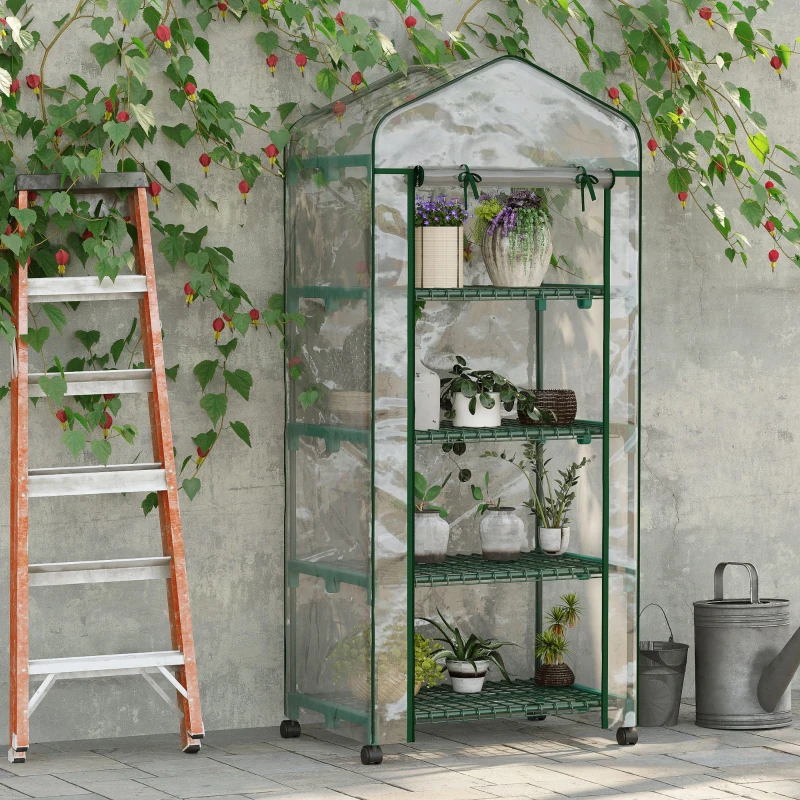 Outsunny 27" x 20" x 65" Portable Greenhouse with 4 Tier Shelves and Wheels, Outdoor Hot House Plant Flower Greenhouse, Steel Frame, Plastic Cover, Clear