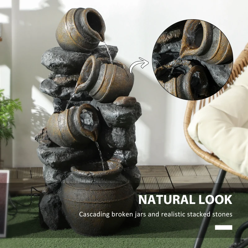 Outsunny 28.3" Solar Water Fountain, 4-Tier Resin Cascading Jars and Stacked Stones Outdoor Waterfall Fountain with LED Lights