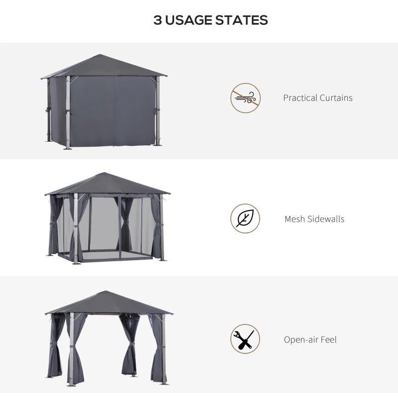 Outsunny 10' x 10' Patio Gazebo, Outdoor Gazebo Canopy Shelter with Netting & Curtains, Vented Roof, for Garden, Lawn, Backyard and Deck, Dark Gray