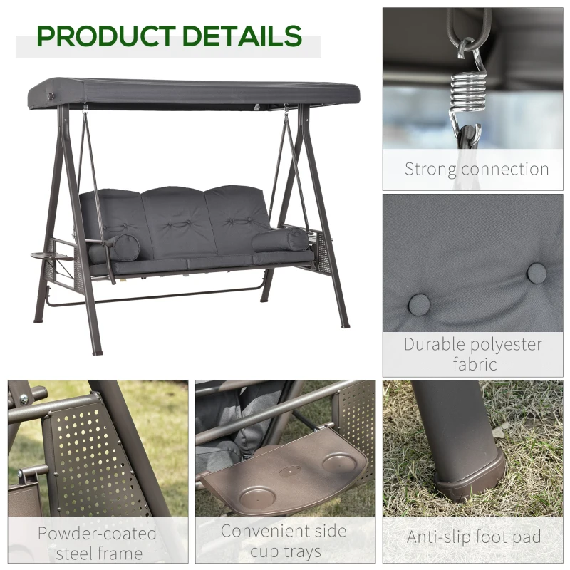 Outsunny Outdoor Patio 3-Person Steel Canopy Cushioned Seat Bench Swing with Included Side Trays & Padded Comfort, Dark Grey