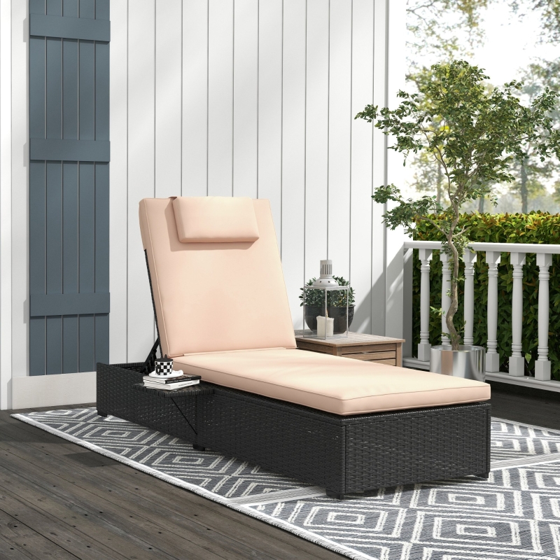 Outsunny Outdoor Patio Lounger with Cushion, 5-Level Reclining Wicker Chaise Lounge Chair with Tea Tray, for Poolside, Patio, Deck, 264lb Weight Capacity, Beige