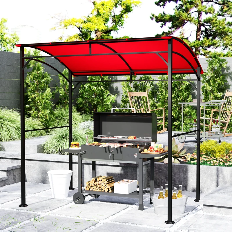 Outsunny 7' x 5' Garden Grill Canopy, BBQ Grill Gazebo Tent with Steel Frame and Hooks, Outdoor Sun Shade, Wine Red