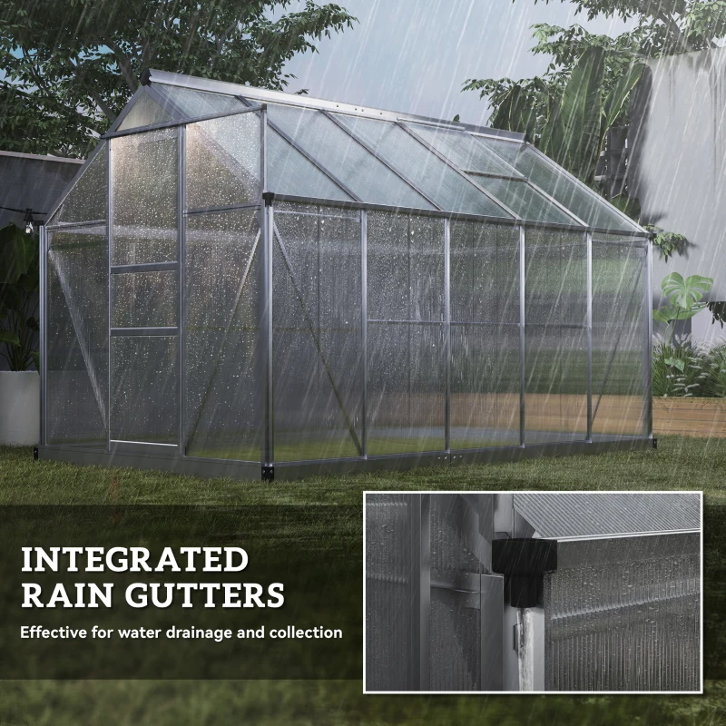 Outsunny 6' x 10' x 6.6' Polycarbonate Greenhouse, Walk-In Green House Kit Garden, Plants Grow, Galvanized Sheet Aluminum Frame with Rain Gutter, Vents and Sliding Door, Sliver