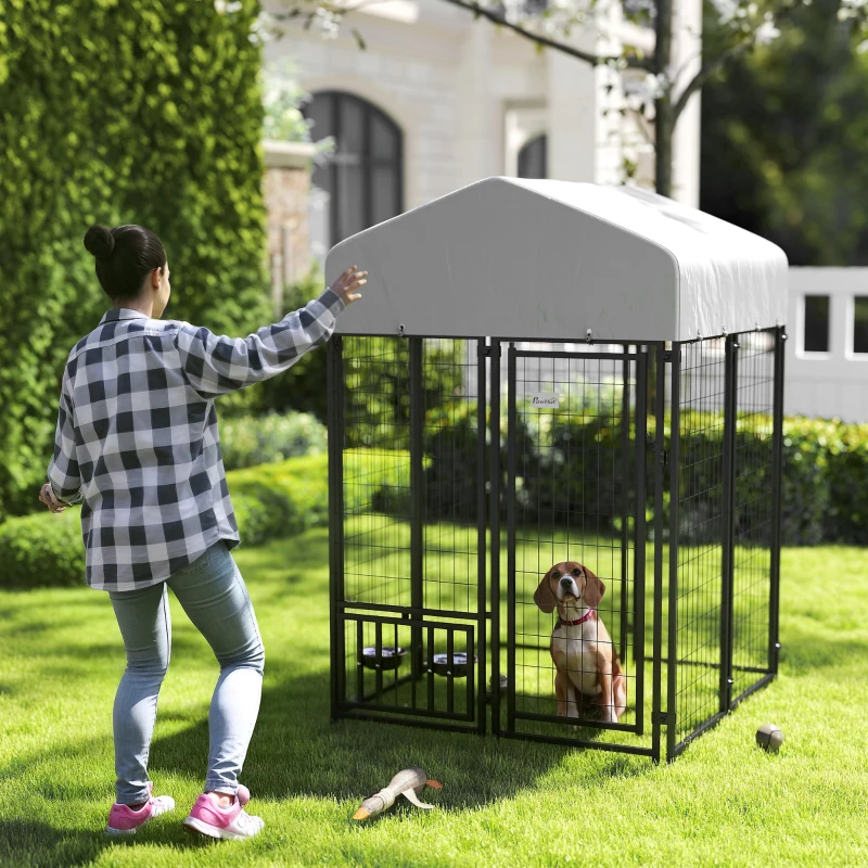 PawHut Welded Wire Outdoor Dog Kennel with 360° Rotating & 4 Levels Adjustable Bowls, Waterproof Cover, 3.9' x 3.9' x 6'