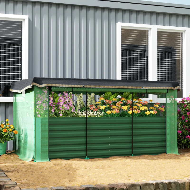 Outsunny Galvanized Steel Planter Box with Crop Cage and Shade Cloth, Raised Garden Bed for Flowers, Veggies and Herbs, Green