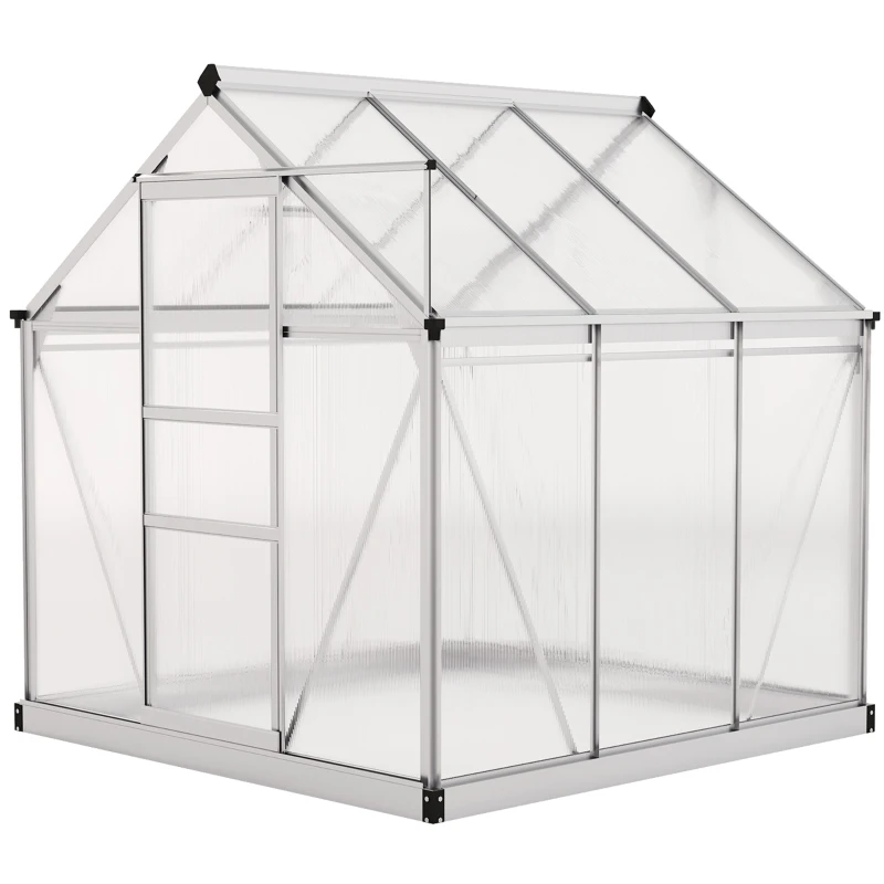 Outsunny 6' x 6' x 6.6' Polycarbonate Greenhouse, Walk-In Green House Kit Garden, Plants Grow, Galvanized Sheet Aluminum Frame with Rain Gutter, Vent and Sliding Door, Silver