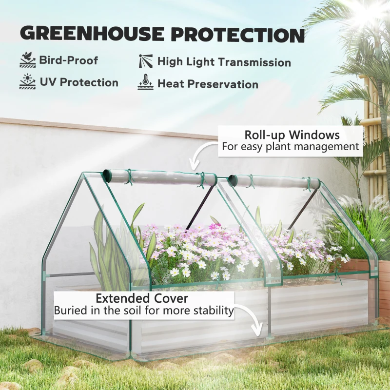 Outsunny 6' x 3' Metal Planter Box with Cover, Raised Garden Bed with Mini Greenhouse for Herbs, Vegetables, Clear and Silver
