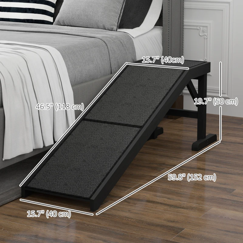 PawHut Pet Ramp Bed Steps for Dogs Cats Non-slip Carpet Top Platform Pine Wood 59"L x 16"W x 20"H Black
