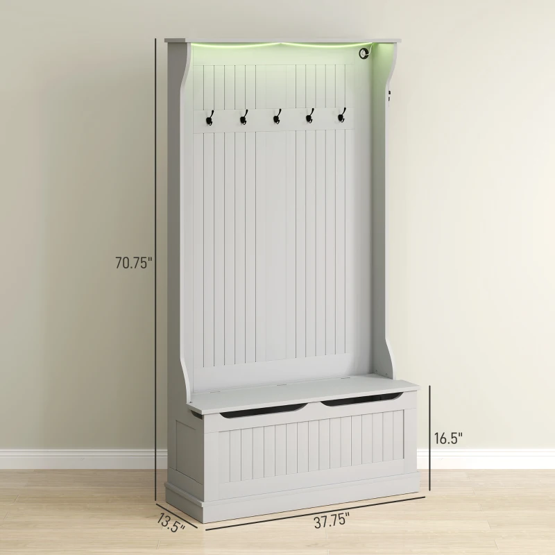 HOMCOM 3-In-1 Entryway Bench with LED Lights and Coat Rack, Hall Tree with Bench and Shoe Storage, 5 Hooks for Hallway Gray
