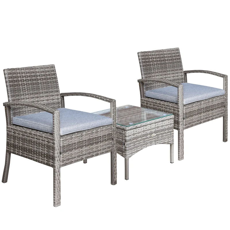 Outsunny 3 Pieces Wicker Patio Furniture Set, Rattan Bistro Set with Coffee Table and Cushions, Outdoor Conversation Set for Garden, Porch, Balcony, Grey