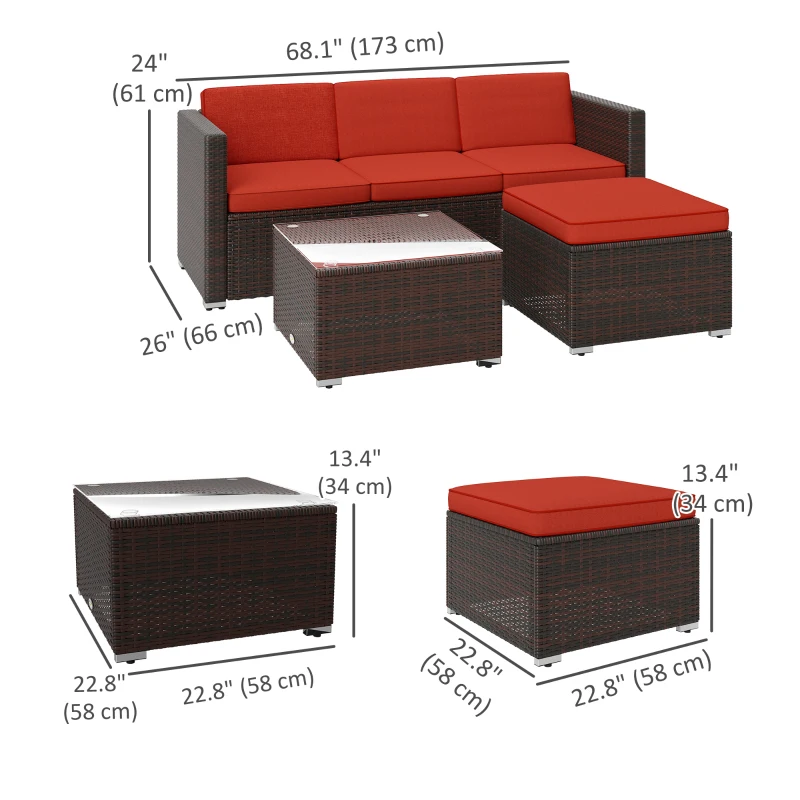 Outsunny Patio Furniture w/ Soft Cushions, Corner Sofa Sets, Red