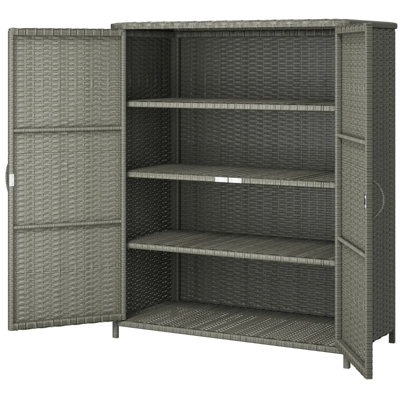 Outsunny Wicker Outdoor Storage Cabinet, Pool Storage Organizer with 4 Shelves and 2 Doors for Garden, Backyard, Dark Grey