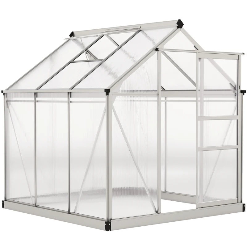 Outsunny 6' x 6' x 6.6' Polycarbonate Greenhouse, Walk-In Green House Kit Garden, Plants Grow, Galvanized Sheet Aluminum Frame with Rain Gutter, Vent and Sliding Door, Silver