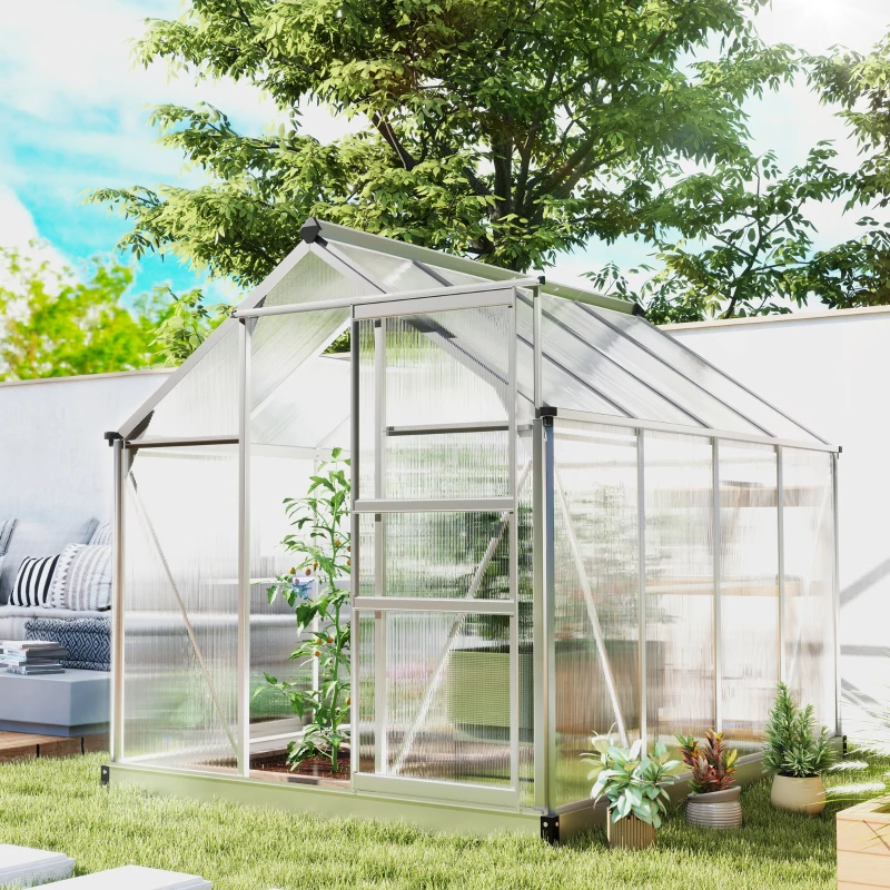 Outsunny 6' x 8' x 6.6' Polycarbonate Greenhouse, Walk-In Green House Kit Garden, Plants Grow, Galvanized Sheet Aluminum Frame with Rain Gutter, Vent and Sliding Door, Silver