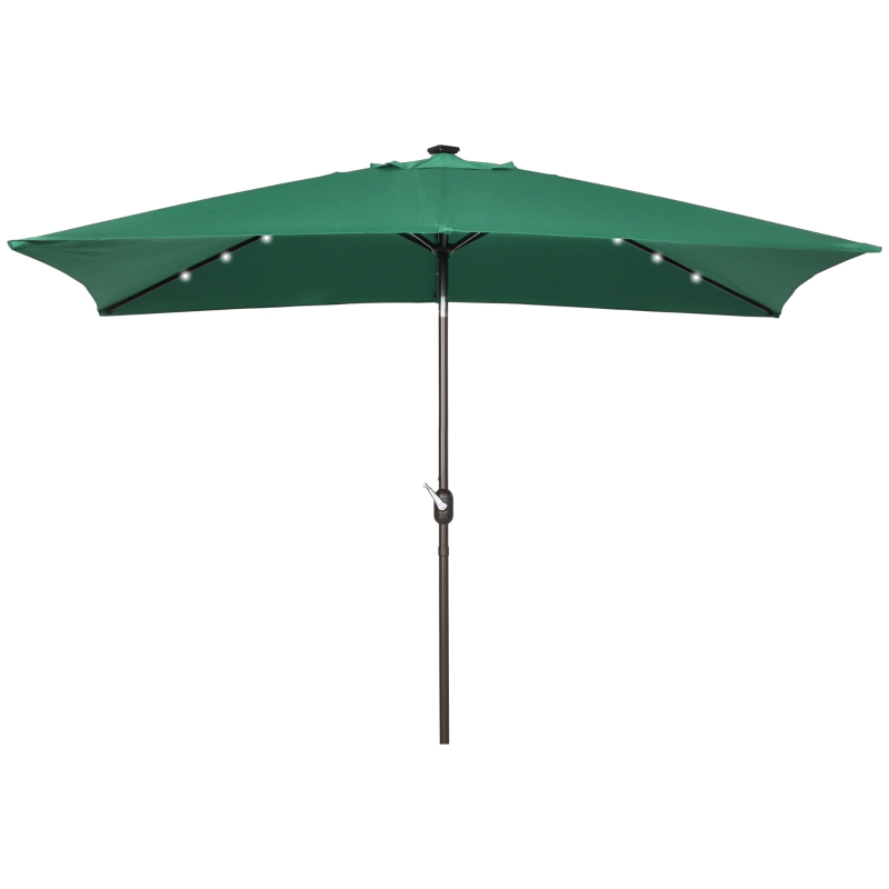 Outsunny 6.5x10ft Patio Umbrella Rectangle Solar Powered Tilt Aluminum Outdoor Market Parasol with LEDs Crank (Dark Green)