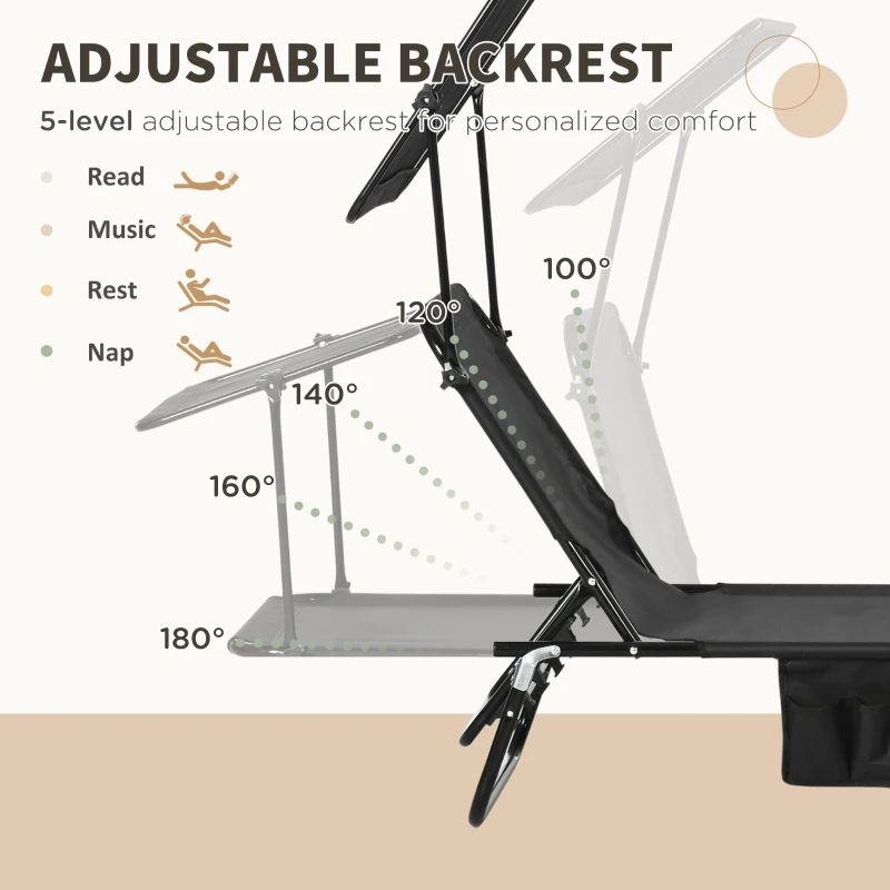 Outsunny 2 Piece Folding Outdoor Chaise Lounges, Pool, Sun, Tanning Chairs with Reclining Back, Sunshade for Beach, Patio, Black