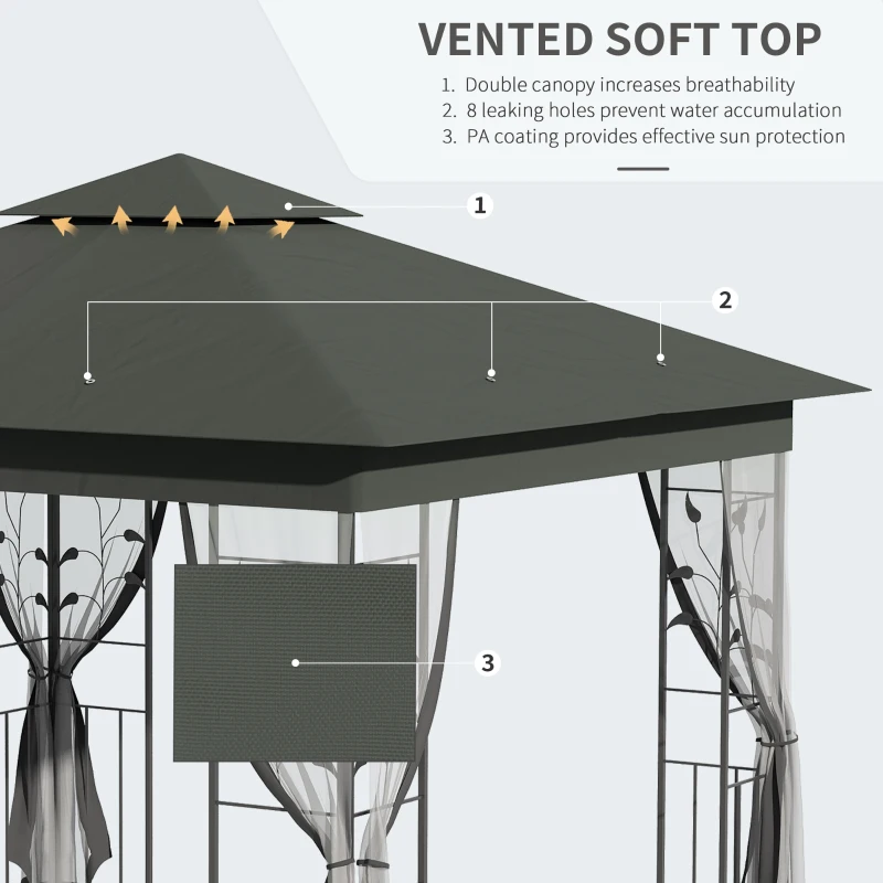 Outsunny 10' x 10' Metal Patio Gazebo, Double Roof Outdoor Gazebo Canopy Shelter with Tree Motifs Corner Frame and Netting, for Garden, Lawn, Backyard, and Deck, Gray