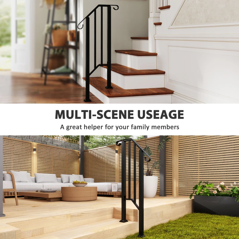 Outsunny 1-2 Step Handrails for Outdoor Steps, Metal Outdoor Stair Railing, Porch Deck Railing with Installation Kit, Black