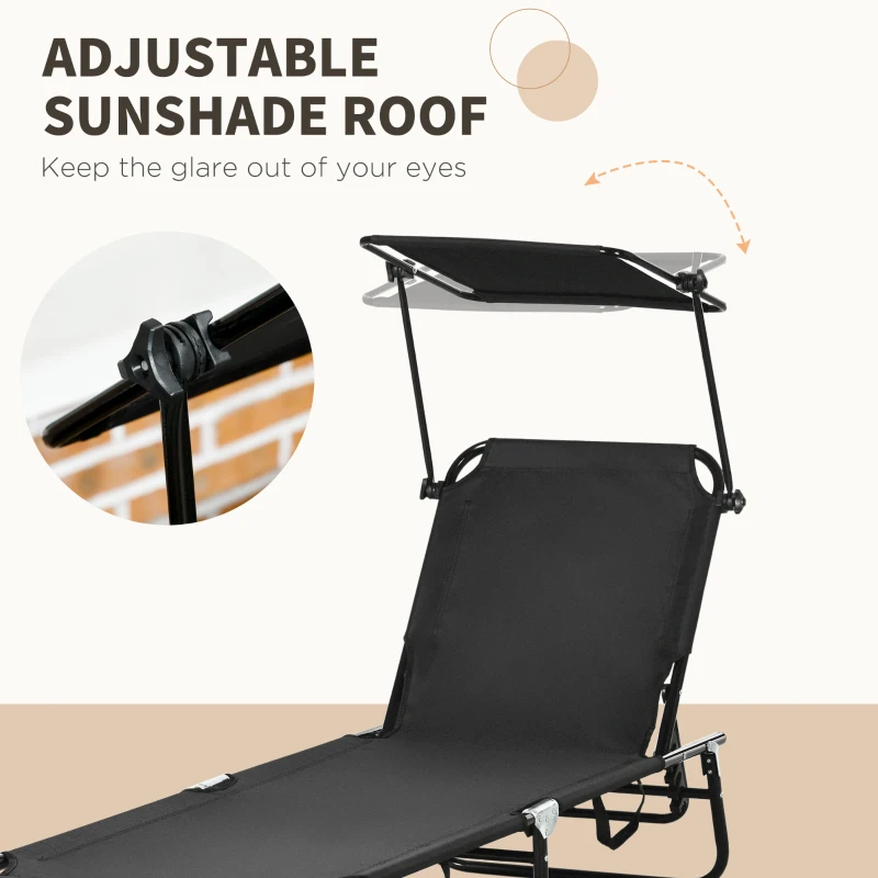 Outsunny 2 Piece Folding Outdoor Chaise Lounges, Pool, Sun, Tanning Chairs with Reclining Back, Sunshade for Beach, Patio, Black