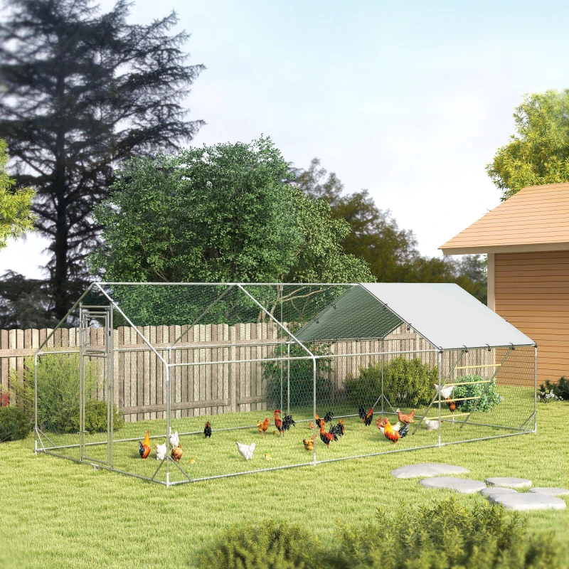 PawHut Large Metal Chicken Run with Waterproof & UV-Resistant Cover, Feeding Door, Hanging Feeder, Perch for 18-24 Chickens