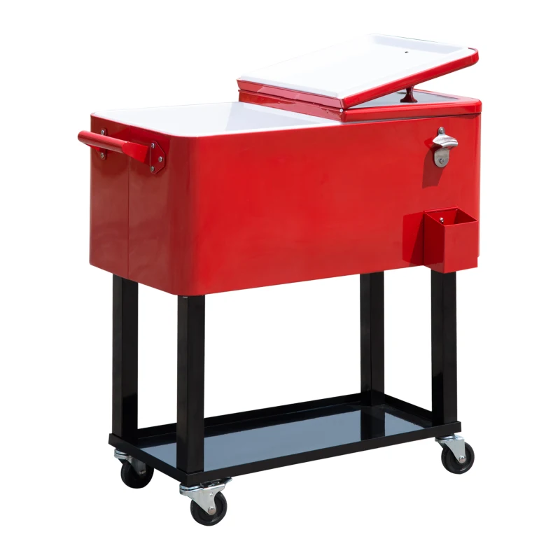 Outsunny 80 Quart Rolling Cooler Cart Portable Patio Ice Beer Beverage Cooling Bin for Outdoor Party w/ Bottle Opener & Storage Shelf Red