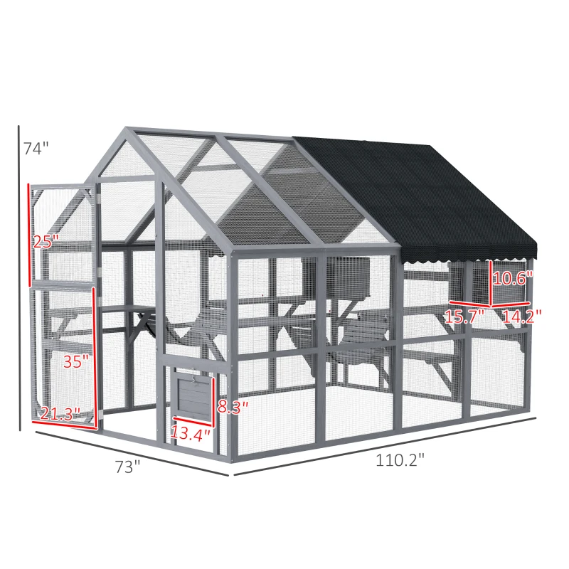 PawHut Wooden Catio Outdoor Cat Enclosure with Waterproof Cover, 2 Condos, 4 Platforms, Bridge, Doors, Gray