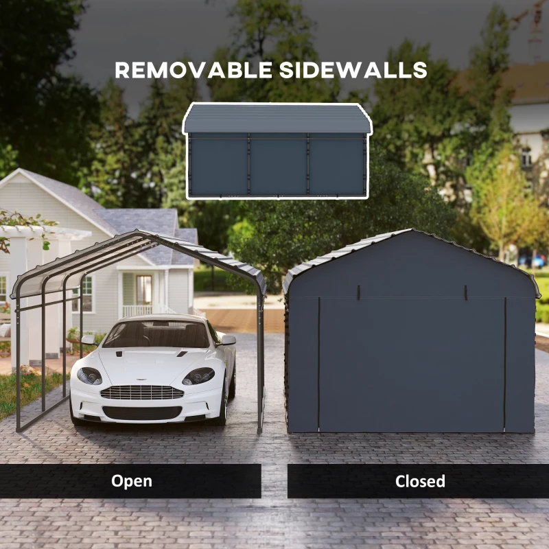 Outsunny 10' x 15' Metal Carport, Heavy Duty Garage Car Shelter with Galvanized Metal Roof and Removable Sidewalls, Dark Grey