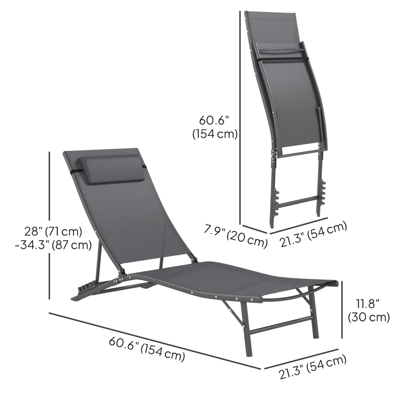Outsunny Folding Outdoor Chaise Lounge Chair Set of 2 with Adjustable Backrest, Headrest, Mesh Seat for Beach, Poolside, Grey