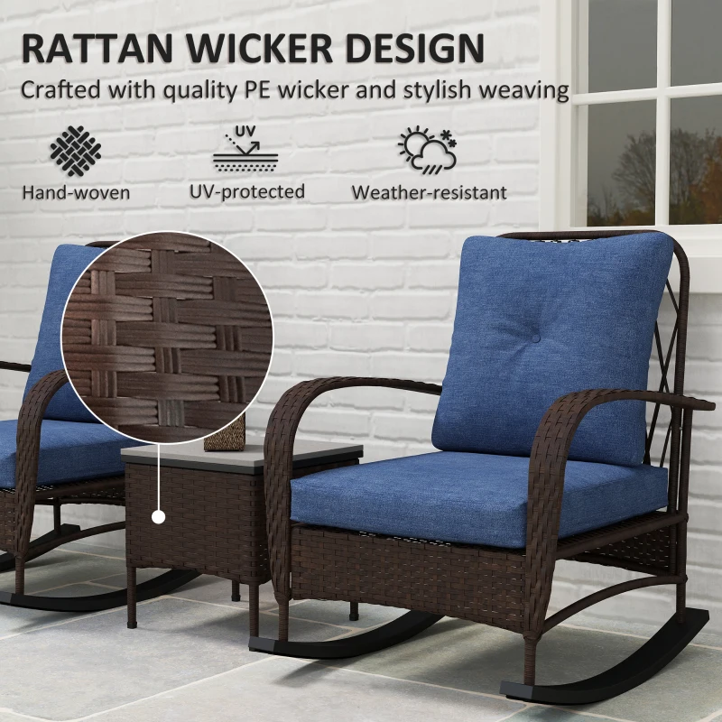 Outsunny 3 Piece Wicker Patio Furniture Set, Outdoor PE Rattan Rocking Chairs with Coffee Table, Cushions for Porch, Brown