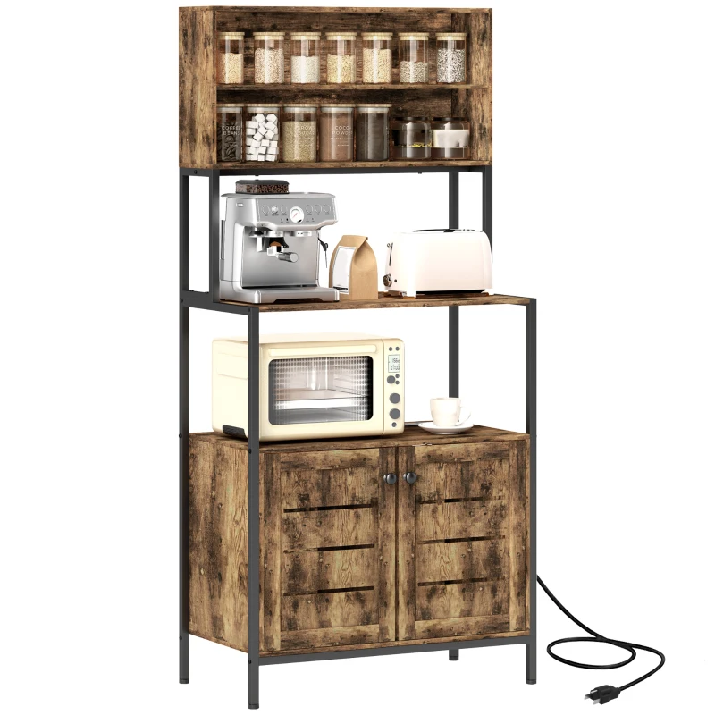 HOMCOM Baker's Rack with Power Outlet and Storage Shelves, Microwave Stand with Louvred Door Cabinets, Rustic Brown