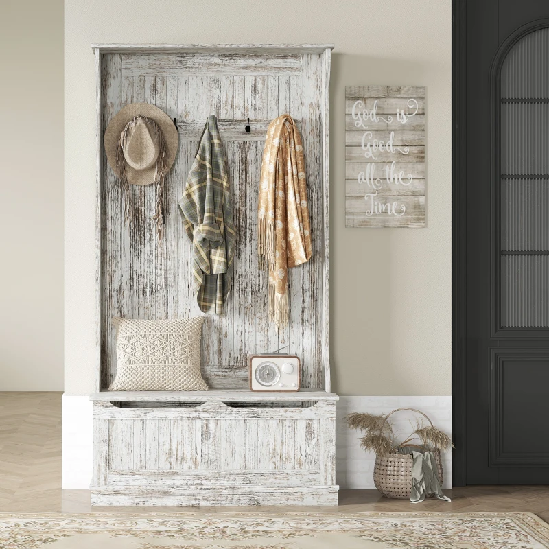 HOMCOM 3-In-1 Entryway Bench with Coat Rack, Hall Tree with Bench and Shoe Storage, 5 Hooks for Hallway Distressed White