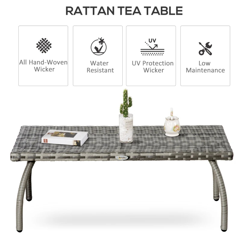 Outsunny Rattan Coffee Table Outdoor Side Table, 35.4" x 19.7" Small Wicker Patio Furniture with All-Weather PE for Garden, Balcony, Backyard, Poolside, Grey